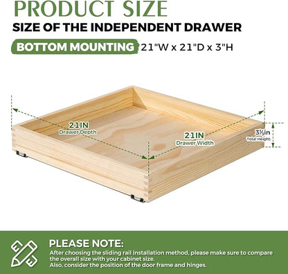 Wooden Pull Out Cabinet Organizer for Kitchen Fully Assembled 21" W x 21" D x 3" H Solid Wood Drawer with Soft Close Slides Bottom or Side Mount for Pantry Bathroom Bedroom Dining Room Storage