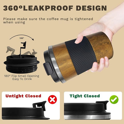 SPLMIFA Vacuum Insulated Stainless Steel Travel Coffee Mug with Lid, Leak-Proof Reusable Thermal Cup Keeps Drinks Hot & Cold for Hours, Durable Portable Tumbler for Men & Women (3rd-Wood Grain, 12OZ)