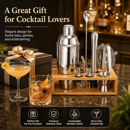 Cocktail Shaker Set, 18/8 Food-Grade Stainless Steel Mixology Bartender Kit 10-Piece Bar Tools with Stylish Bamboo Stand - Rust-Proof & Dishwasher Safe - Professional Martini Shaker Gift for Men, Dad