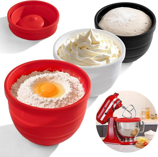 Silicone Bowl Liner for KitchenAid Tilt-Head 5QT Mixers - 3 Liners & 3 Lids Included, Non-Stick Anti-Scratch, Noise Reduction with Lids, Foldable Dishwasher Microwave Safe