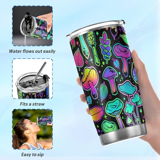 Tumbler Magic Mushroom Halloween Insulated Coffee Cup Beverage Container Travel Mug with Straw and Lid Double Wall Stainless Steel 20oz Holiday Gift