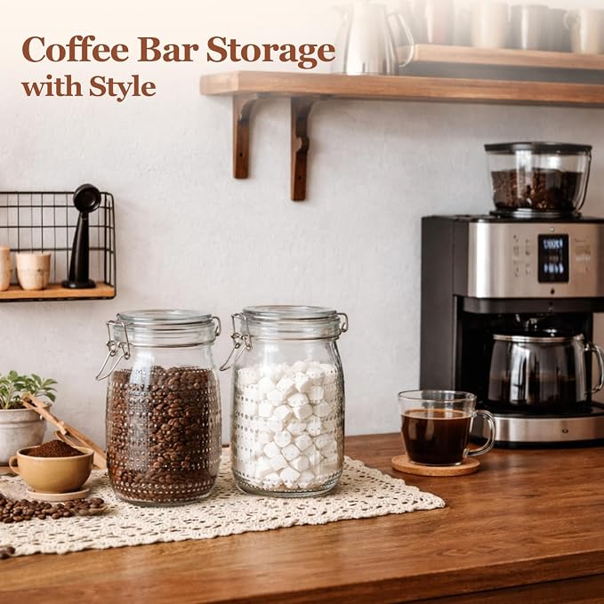 ComSaf 34oz 6 Pack Vintage Hobnail Glass Storage Jars with Airtight Clamp Lids, 1000ml Wide Mouth Clear Canister Set for Coffee Beans, Sugar, Snacks, Pasta, Pickling and Countertop Pantry Organization