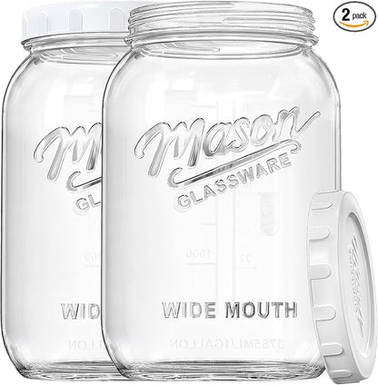 2 Pack Wide Mouth Mason Jars with Airtight Lid and Silicone Ring - 1 Gallon Large Glass Containers for Food Storage like Flour Sugar, Sun Tea, Kombucha, Refrigerator Safe Fermentation Jar