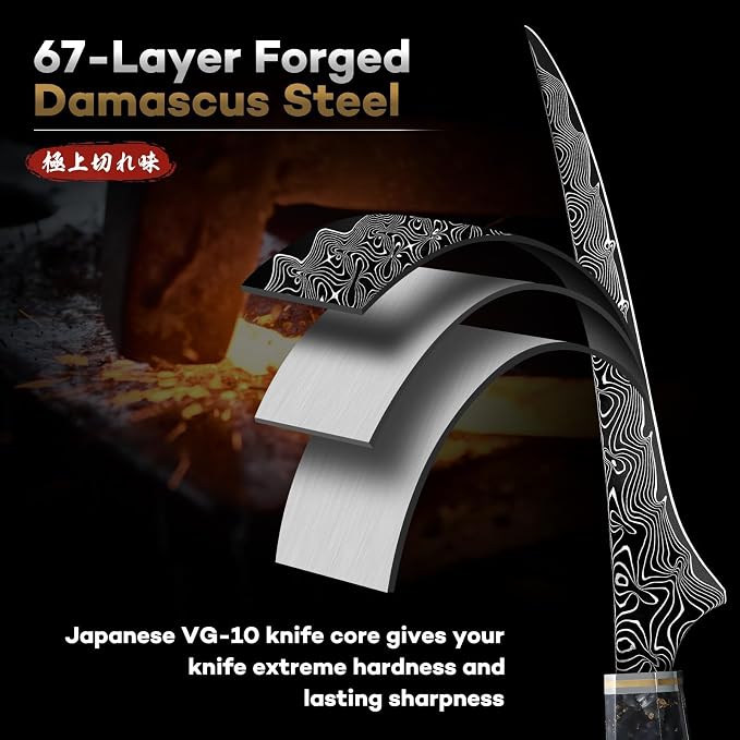 Huusk Damascus Fillet Knife 7 Inch, Ultra Sharp Japanese Boning Knife for Meat Poultry Chicken Trimming, Fish Knives with Resin Handle, Gifts for Men Women