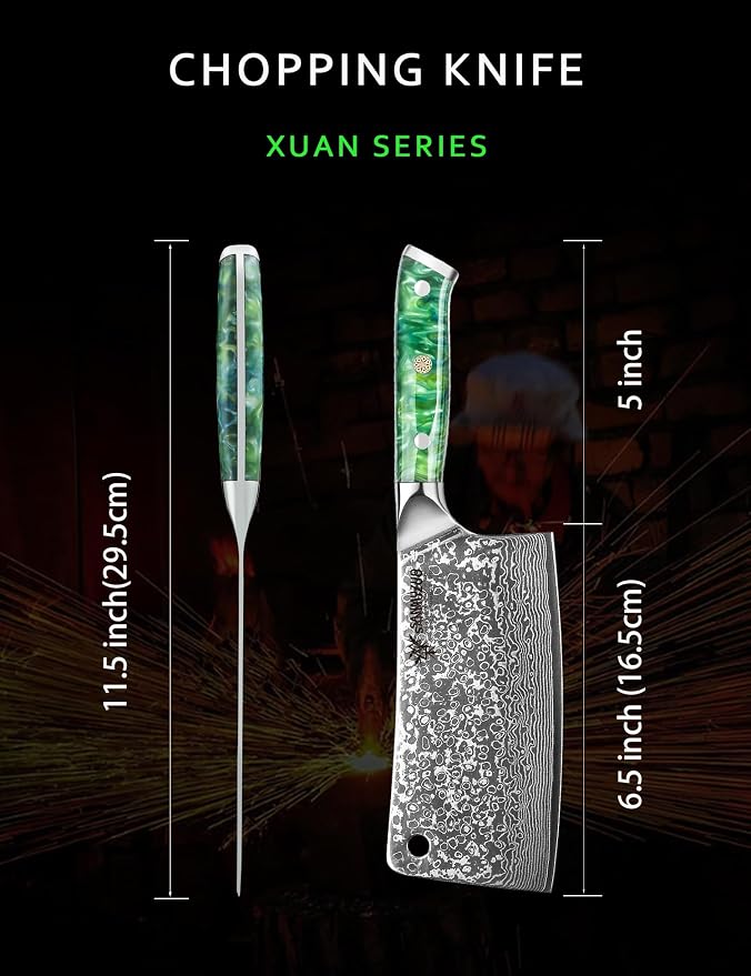 Chopping Knife - 7 inch Cleaver Knife- Xuan Series - VG10 Damascus Steel Kitchen Knife - Resin Handle (Jade Green)