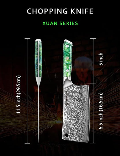 Chopping Knife - 7 inch Cleaver Knife- Xuan Series - VG10 Damascus Steel Kitchen Knife - Resin Handle (Jade Green)
