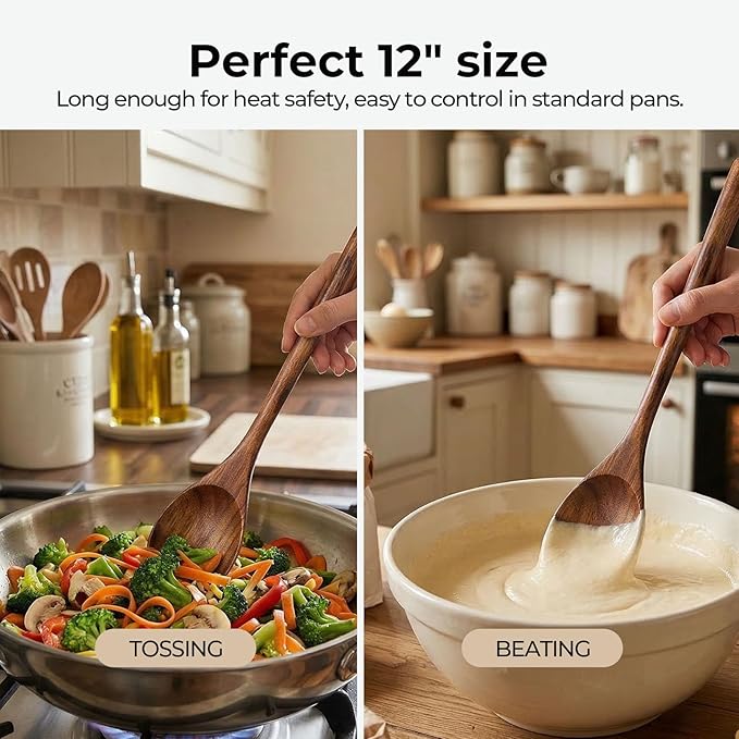 HANSGO Wooden Spoons for Cooking, 2PCS Acacia Wood Kitchen Utensil, 12Inch Wood Serving Spoons for Nonstick Pans, Comfort Grip, Durable, Heat Resistant, Kitchen Gifts for Women, Cooking Gifts for Men