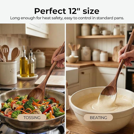HANSGO Wooden Spoons for Cooking, 2PCS Acacia Wood Kitchen Utensil, 12Inch Wood Serving Spoons for Nonstick Pans, Comfort Grip, Durable, Heat Resistant, Kitchen Gifts for Women, Cooking Gifts for Men