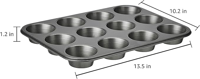 Amazon Basics Nonstick Muffin Pan,Set of 2,Sturdy,Oven Safe,Bakes Evenly,Easy to Clean,12 Cups,Gray,13.9x10.55x1.22,(Pack of 4)