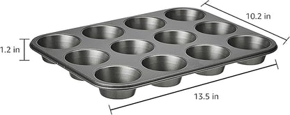 Amazon Basics Nonstick Muffin Pan,Set of 2,Sturdy,Oven Safe,Bakes Evenly,Easy to Clean,12 Cups,Gray,13.9x10.55x1.22,(Pack of 4)