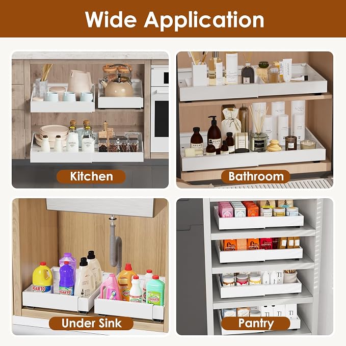 2 Pack Expandable Pull Out Cabinet Organizer 16.5" Deep, Adjustable Width 12.6"-20.5", No Drill Adhesive with Triple Track Rails, Heavy Duty Slide Out Drawers for Kitchen,Pantry,Cabinets,White