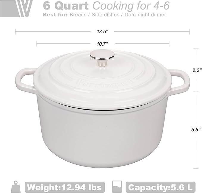 VORRINGARD Enameled Cast Iron Dutch Oven Pot with Lid, for Sourdough Bread Baking, Round Dutch Ovens, 6 Quart, White