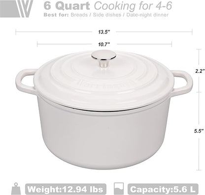 VORRINGARD Enameled Cast Iron Dutch Oven Pot with Lid, for Sourdough Bread Baking, Round Dutch Ovens, 6 Quart, White