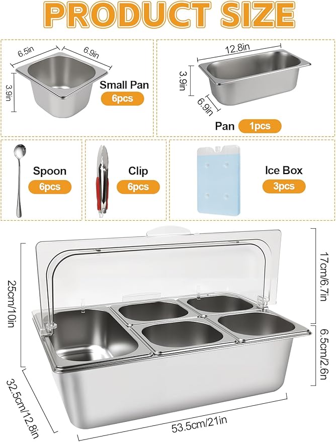 Pizza Topping Station 7 Pans Stainless Steel Spice Organizer Salad Bar Buffet Station with Spoons Ice Boxes Buffet Containers Set for Sauce Jam Ingredient Kitchen Restaurant Pantry