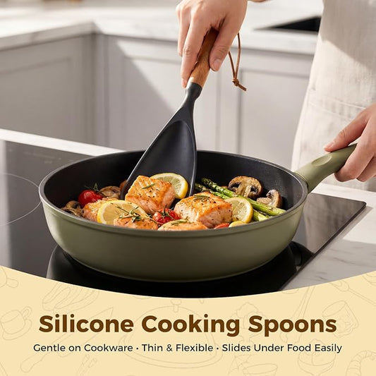 Silicone Cooking Spoon for Nonstick Cookware – 2-Pack Wooden Handle Spatula, Multi-Function Kitchen Tool for Stirring, Scooping, Scraping & Serving, Heat-Resistant(Black, 12.8 Inch)