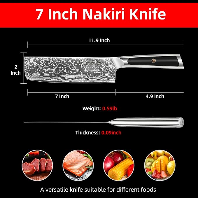 Sunnecko Kitchen Knife Japanese Damascus Nakiri Knife 7 Inch, Sharp Chopping Knife for Cutting Vegetable, Meats, Fruits