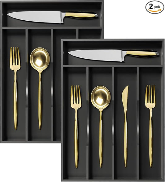 Greenual 2 Pack Black Silverware Organizer 10 In Utensil Organizer Silverware Tray for Drawer Cutlery Flatware Organizer for Kitchen Bamboo Wood