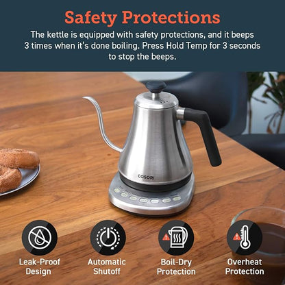 Cosori Gooseneck Electric Kettle with 5 Variable Presets, Pour Over & Coffee maker, 100% Stainless Steel Inner Lid & Bottom, 1200 Watt Quick Heating, 0.8L, Silver