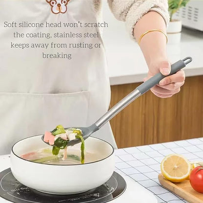 Silicone Solid Cooking Spoon Set (13.2"), 3-Pack Large Stainless Steel Handle Non Stick Server Spoon Heat Resistant 600°F, Metal Basting Spoon, Kitchen Utensils for Mixing Serving
