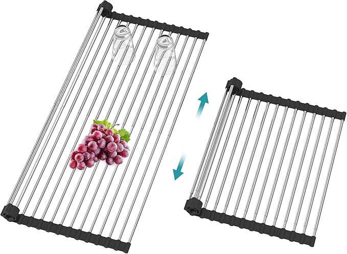 BBXTYLY Extra Large Expandable Roll Up Dish Drying Rack,Over The Sink Drying Rack Sink Cover Kitchen Sink Accessories Kitchen Rolling up Stainless Steel Drainer, Foldable,Rollable（Black，22.8''-12.4''）