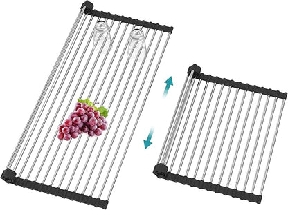 BBXTYLY Extra Large Expandable Roll Up Dish Drying Rack,Over The Sink Drying Rack Sink Cover Kitchen Sink Accessories Kitchen Rolling up Stainless Steel Drainer, Foldable,Rollable（Black，22.8''-12.4''）