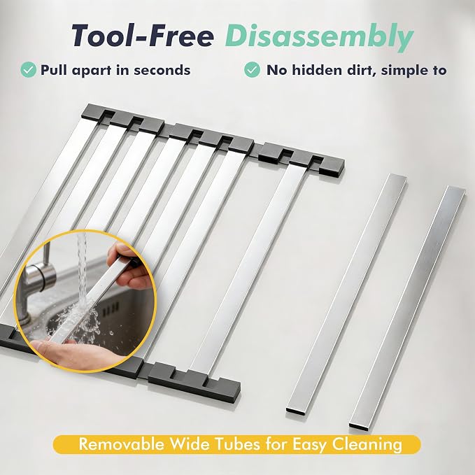 Roll Up Dish Drying Rack Over The Sink, Stainless Steel Collapsible Dish Drainer Rack for Kitchen Sink, Non-Slip Heat Resistant Space Saving Sink Drying Rack, 17.7" x 12.8"
