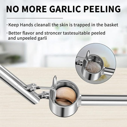 5-in-1 Stainless Steel Garlic Press Set with Large Chamber & Mincer - Heavy Duty Rustproof Garlic Crusher with Ergonomic Handle, Dishwasher Safe, Easy Squeeze Design for Ginger, Nuts, Herbs (Large)