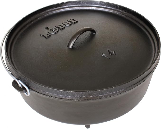Lodge Seasoned Cast Iron Camp Dutch Oven with Lid - 6 Quart - Dual Handles - Seasoned Cast Iron Cookware with Steel Handle & Strong Lid for Heavy- Duty Camping Cookware
