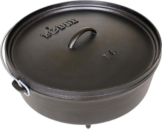 Lodge Seasoned Cast Iron Camp Dutch Oven with Lid - 6 Quart - Dual Handles - Seasoned Cast Iron Cookware with Steel Handle & Strong Lid for Heavy- Duty Camping Cookware