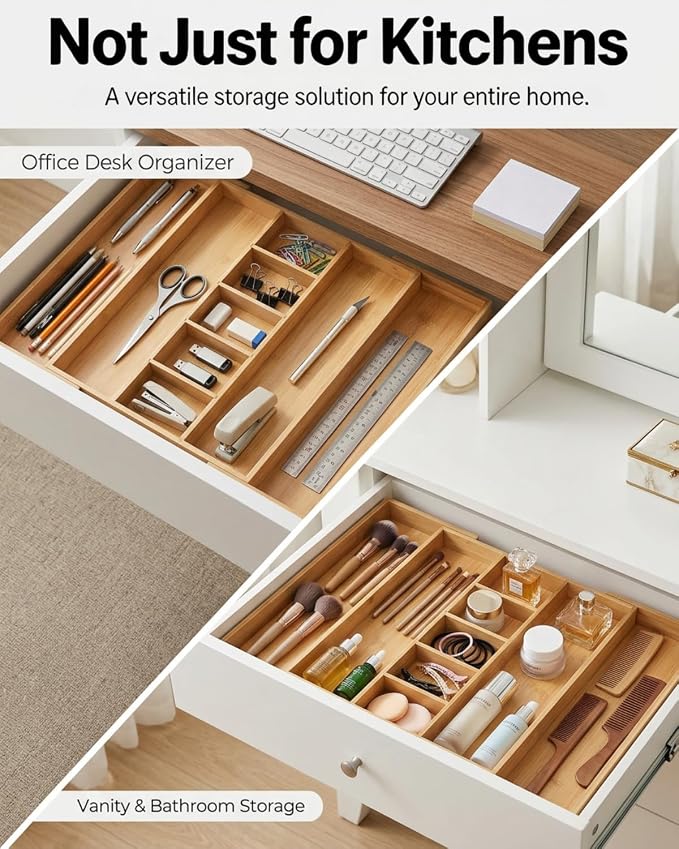 Expandable Bamboo Silverware Drawer Organizer – Adjustable 29" Wide Wooden Utensil Tray with 9-Compartments, Large Kitchen Flatware & Spoon Holder, Natural Solid Wood for Drawers