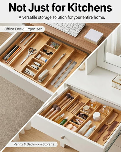 Expandable Bamboo Silverware Drawer Organizer – Adjustable 29" Wide Wooden Utensil Tray with 9-Compartments, Large Kitchen Flatware & Spoon Holder, Natural Solid Wood for Drawers
