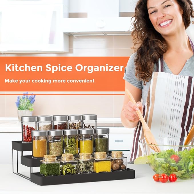 2 Pack Expandable Spice Rack Organizer for Cabinet - 3 Tier Adjustable Cabinet Spice Organizer Easy Visibility - Spice Organizer for Cabinet Countertop Cupboard Pantry Organization (Black)