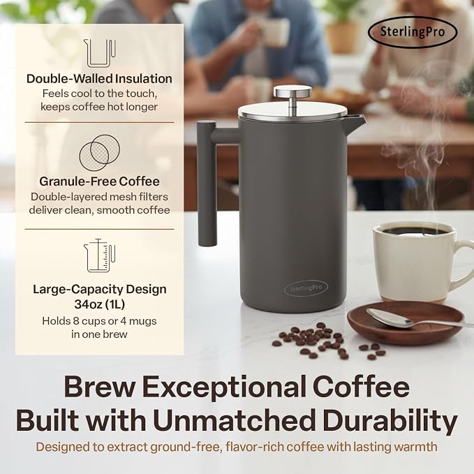SterlingPro Small Insulated Stainless Steel French Press Coffee Maker 34oz – Insulated Metal Double Wall Coffee Maker | Plastic Free | Cool-Touch | Grey Finish | Makes up to 8 cups / 4 mugs