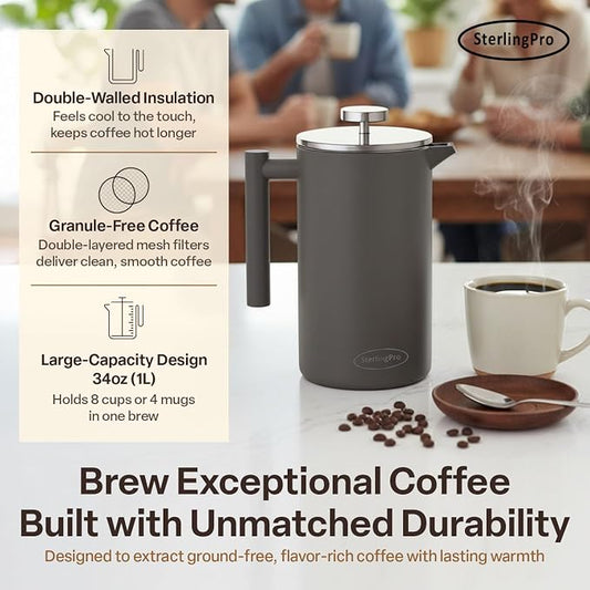 SterlingPro Small Insulated Stainless Steel French Press Coffee Maker 34oz – Insulated Metal Double Wall Coffee Maker | Plastic Free | Cool-Touch | Grey Finish | Makes up to 8 cups / 4 mugs