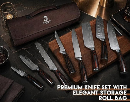 DRAGON ROIT Japanese Knives Set Damascus Pattern Chef Knife Set for Kitchen with Roll Bag, Sharp Stainless Kitchen Knife Set Brown Handle