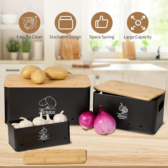 3 Pack Metal Vegetable Storage,Onion Storage,Potato Storage and Garlic Storage Set,Kitchen Vegetable Keeper,Stackable Pantry Organizers with Ventilation Holes and Bamboo Lids(BLACK)