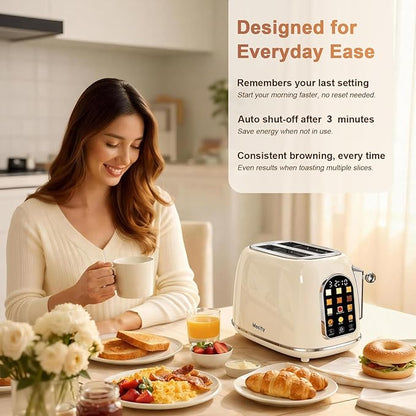 Mecity Toaster 2 Slice, Touch Screen Wide Slot Retro Toaster For Breads Bagel Muffin Waffle, House Warming Gift New Home, 120V 825W, Cream Color
