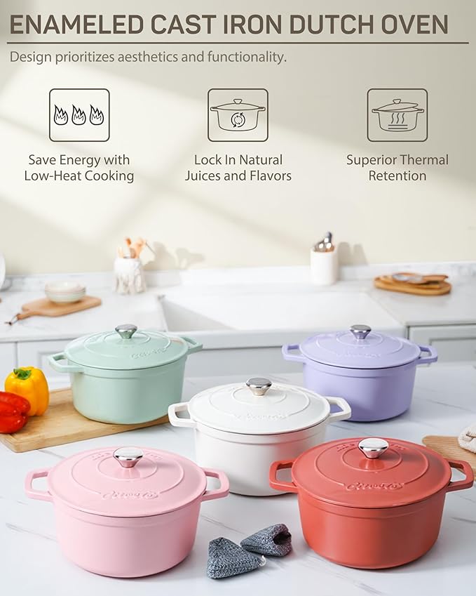 Ciwete 6 QT Dutch Oven Pot with Lid, Enameled Cast Iron Dutch Oven for Bread Making, Braiser, Cooking, Dual Handles, Oven Safe up to 500° F or on Stovetop, Gifts for Family - Off White