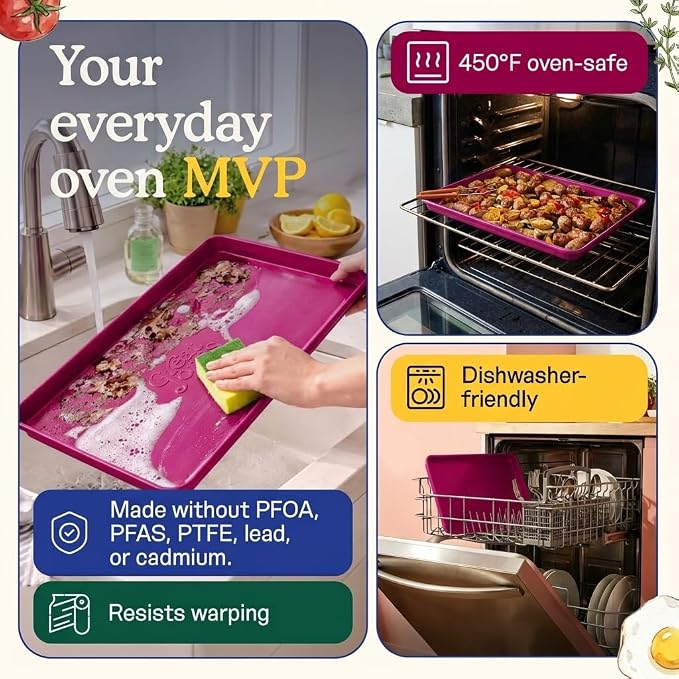 Great Jones Holy Sheet Pan (Raspberry) | Nonstick, Half-Sheet Pan | Aluminized Steel, 18.5" x 13.5" | For Baking, Roasting, & Broiling | Premium Bakeware with Even Heat Distribution | Dishwasher-Safe
