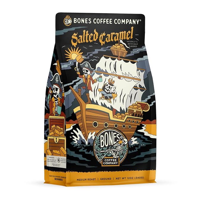 Bones Coffee Company Salted Caramel Flavored Coffee, Medium Roast Low Acid Arabica Beans Compatible with Auto drip and French Press Coffee Maker, 12 Oz Ground