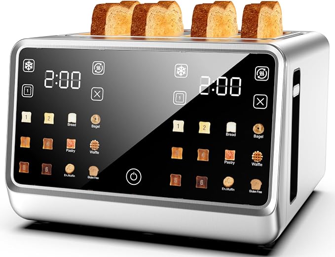 Smart Toaster 4 Slice with Dual Touchscreen, 1800W Stainless Steel Toasters Dual Zone Independent Control Extra Wide Slot 1.5 Inch, Single Slot Tech Timer for Bagel Waffle Bread