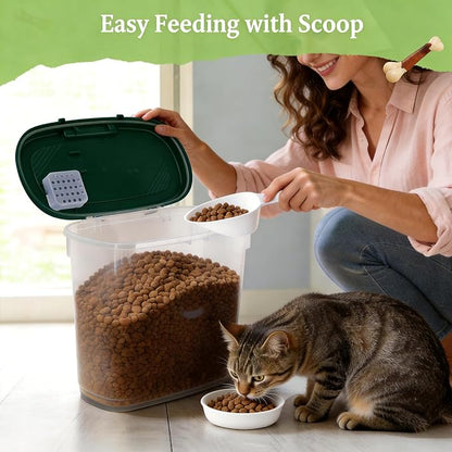 Dark Green Airtight Dog Cat Food Storage Container 10 Lbs - Slim Tall Pet Food Treat Container with Lid, Scoop and Cup - Clear Plastic Dry Food Storage Bin for Dogs, Cats, Bird Seeds, Kibble, Pellets