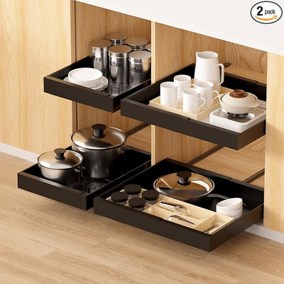 2 Pack Expandable Pull Out Kitchen Cabinet Organizer,Adhesive No Drilling Slide Out Drawers for Kitchen Base Cabinet,Shelves,PantryStorage, Adjustable Width Cabinets Drawers 12.4"-20.4"