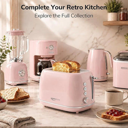 2 Slice Toaster Retro Stainless Steel with Bagel, Cancel, Defrost Function and 6 Bread Shade Settings Bread Toaster, Extra Wide Slot and Removable Crumb Tray (Pink)