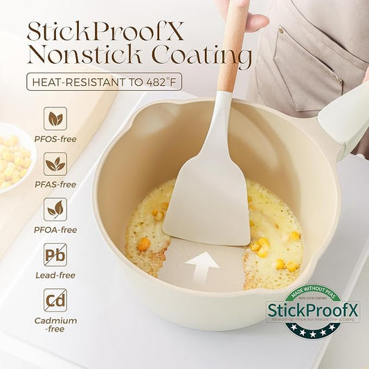PRICUSIS Ceramic Nonstick Saucepan with Lid, 2.7 Quart Non Toxic Pot with Pour Spouts, Full Coated, 100% Dishwasher Safe, Induction Compatible, PTFE PFAS & PFOA Free, Coconut White