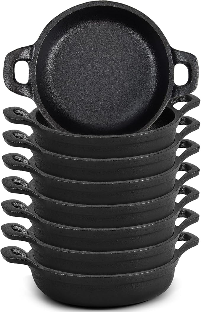 Ziliny Mini Cast Iron Skillets 5 x 5 x 1.3 Inch Cast Iron Pan Small Ramekin Set Black Casserole Dish Cookware Oven Safe Mini Skillets for Kitchen Indoor Outdoor Picnic (8 Pack)