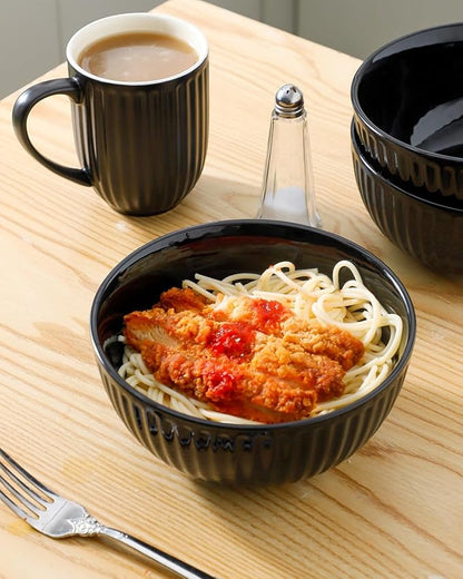HASENSE 7 Inch Large Serving Bowls Set of 4, 42 Oz Black Ceramic Salad Bowl for Kitchen,Modern Ribbed Porcelain Dishes for Entertaining,Soup,Pho,Pasta,Cereal, Noodle - Dishwasher & Microwave Safe