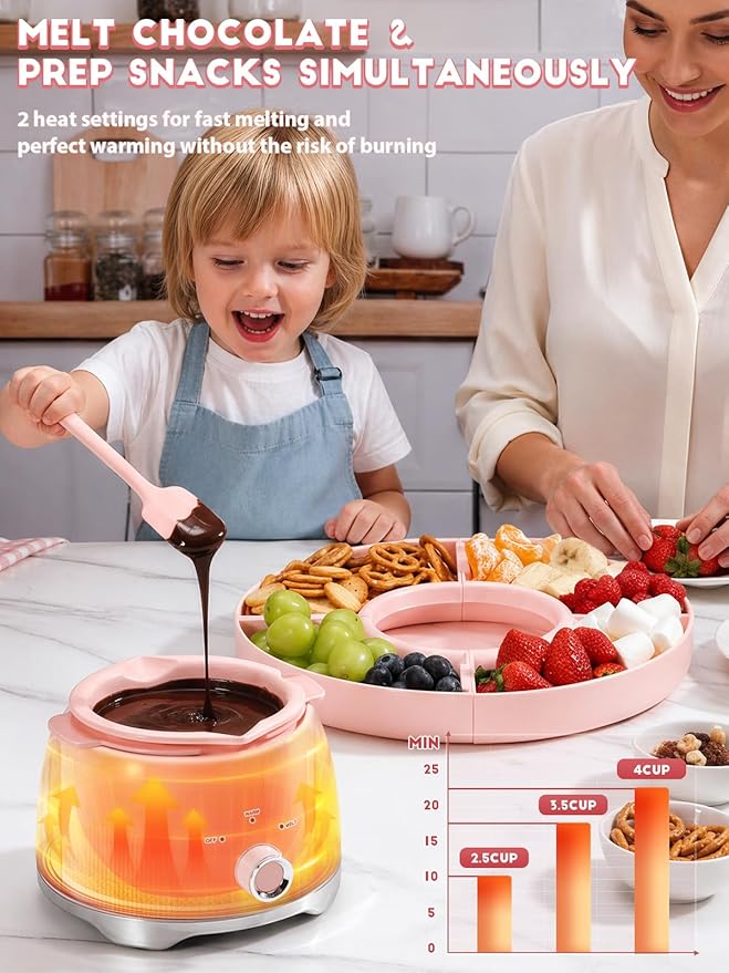 LUSHYUM Chocolate Fondue Pot Set Electric Melting Machine, 4-Cup Capacity 4 Trays 6 Forks 1 Spatula Cheese Warmer, Ideal Gift for Couple Family & Date Night Idea House Warming Holidays Essentials