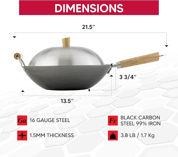 Helen's Asian Kitchen Carbon Steel 4-Piece Wok Set, 13.5-Inch With Lid