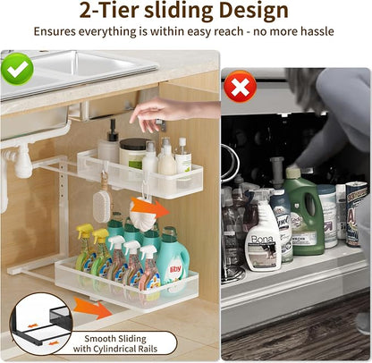 Under Sink Organizer 2 Pack, 2-Tier Slide Out Cabinet Organizer with Metal Sliding Drawer and Hooks, Pull Out Storage Baskets for Kitchen Bathroom Pantry Cabinet Organization (White)